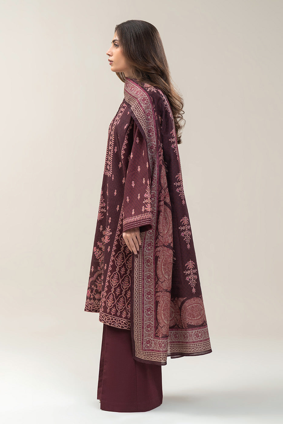 3 PIECE PRINTED SLUB KHADDAR SUIT-VINTAGE MAROON (UNSTITCHED)