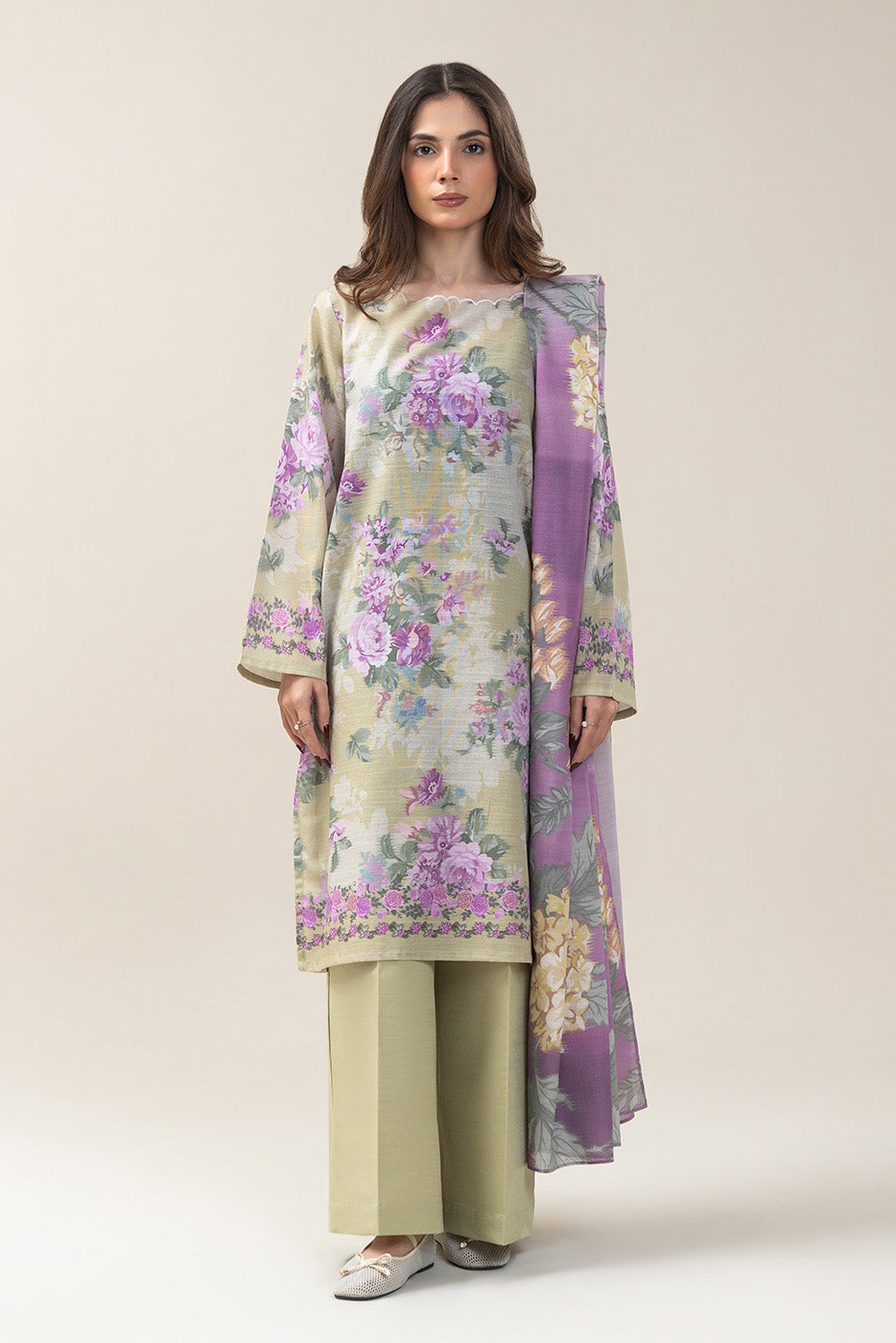 3 PIECE PRINTED SLUB KHADDAR SUIT-LAVENDER BLOOM (UNSTITCHED)