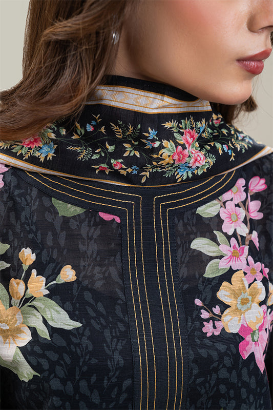 3 PIECE PRINTED SLUB KHADDAR SUIT-FLORAL SLATE (UNSTITCHED)