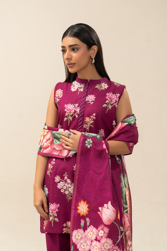 3 PIECE PRINTED SLUB KHADDAR SUIT-SANGRIA LILY (UNSTITCHED)