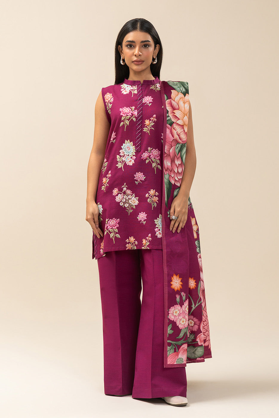 3 PIECE PRINTED SLUB KHADDAR SUIT-SANGRIA LILY (UNSTITCHED)