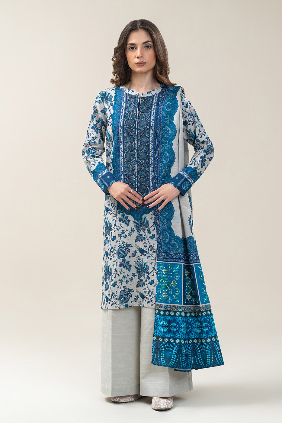 3 PIECE PRINTED SLUB KHADDAR SUIT-ANTIQUE BLUE (UNSTITCHED)