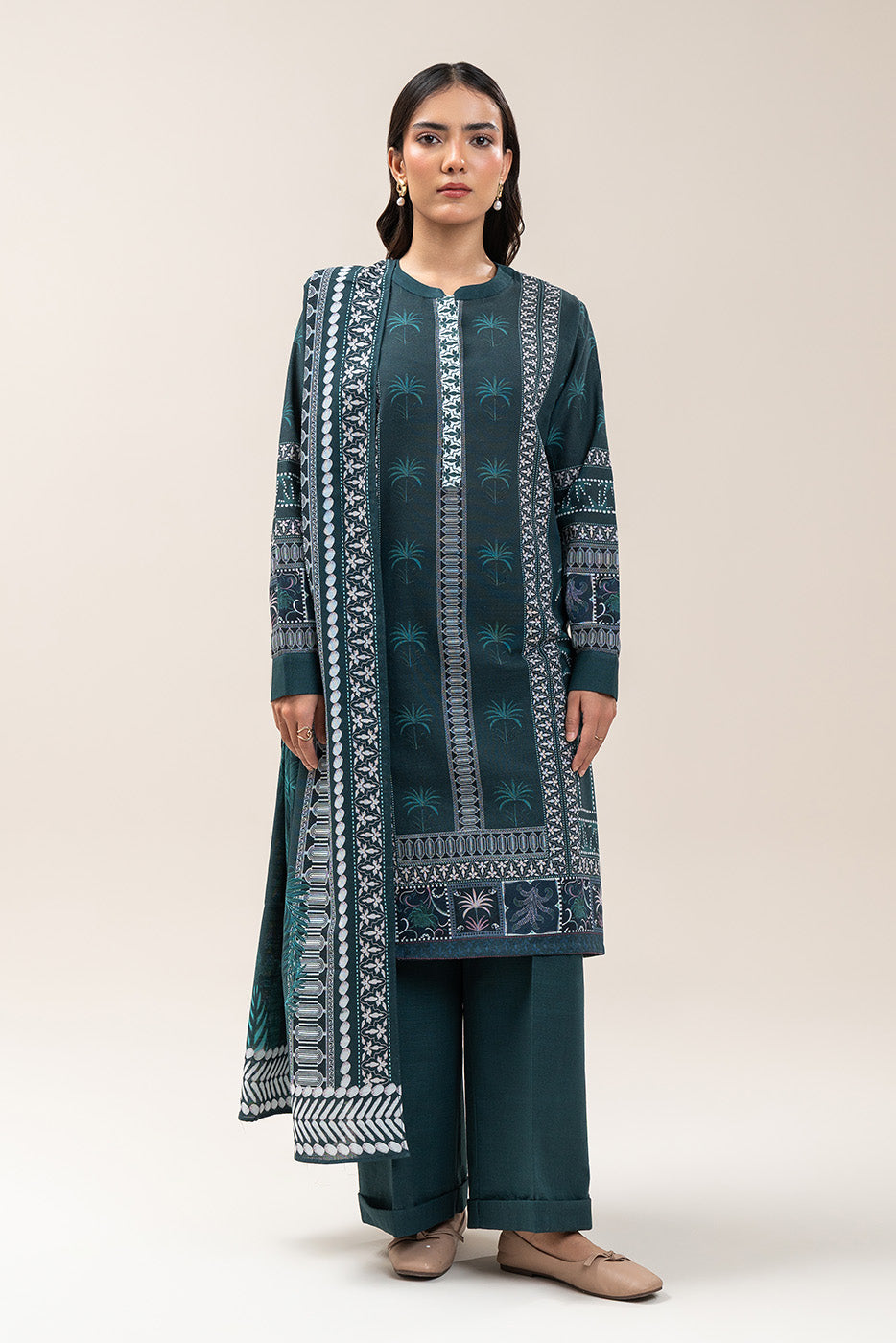 3 PIECE PRINTED SLUB KHADDAR SUIT-MIDNIGHT GREEN (UNSTITCHED)