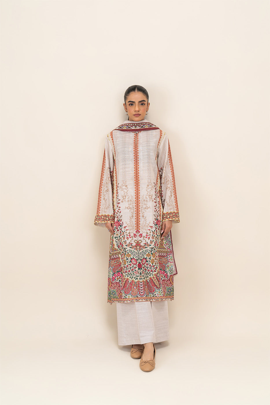 3 PIECE PRINTED SLUB KHADDAR SUIT-WHITE ALLURE
