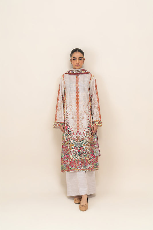 3 PIECE PRINTED SLUB KHADDAR SUIT-WHITE ALLURE