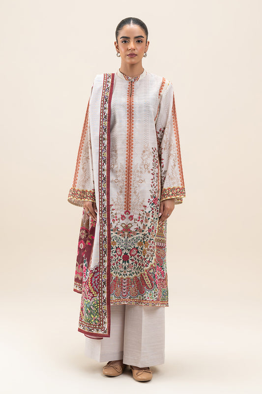 3 PIECE PRINTED SLUB KHADDAR SUIT-WHITE ALLURE