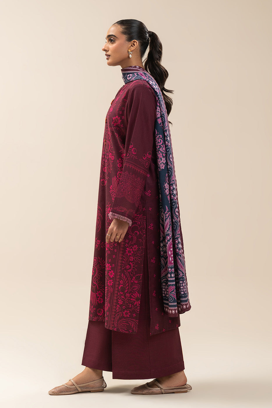 3 PIECE PRINTED SLUB KHADDAR SUIT-MYSTIC MAROON (UNSTITCHED)