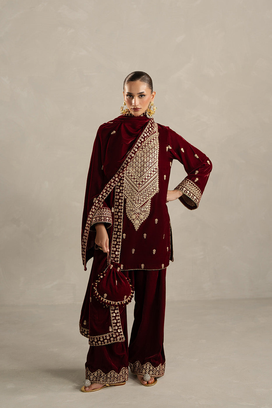 3 PIECE EMBROIDERED VELVET SUIT-GARNET BLISS (UNSTITCHED)