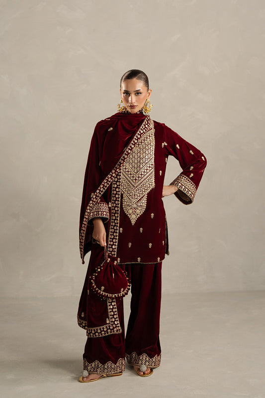 3 PIECE EMBROIDERED VELVET SUIT-GARNET BLISS (UNSTITCHED)
