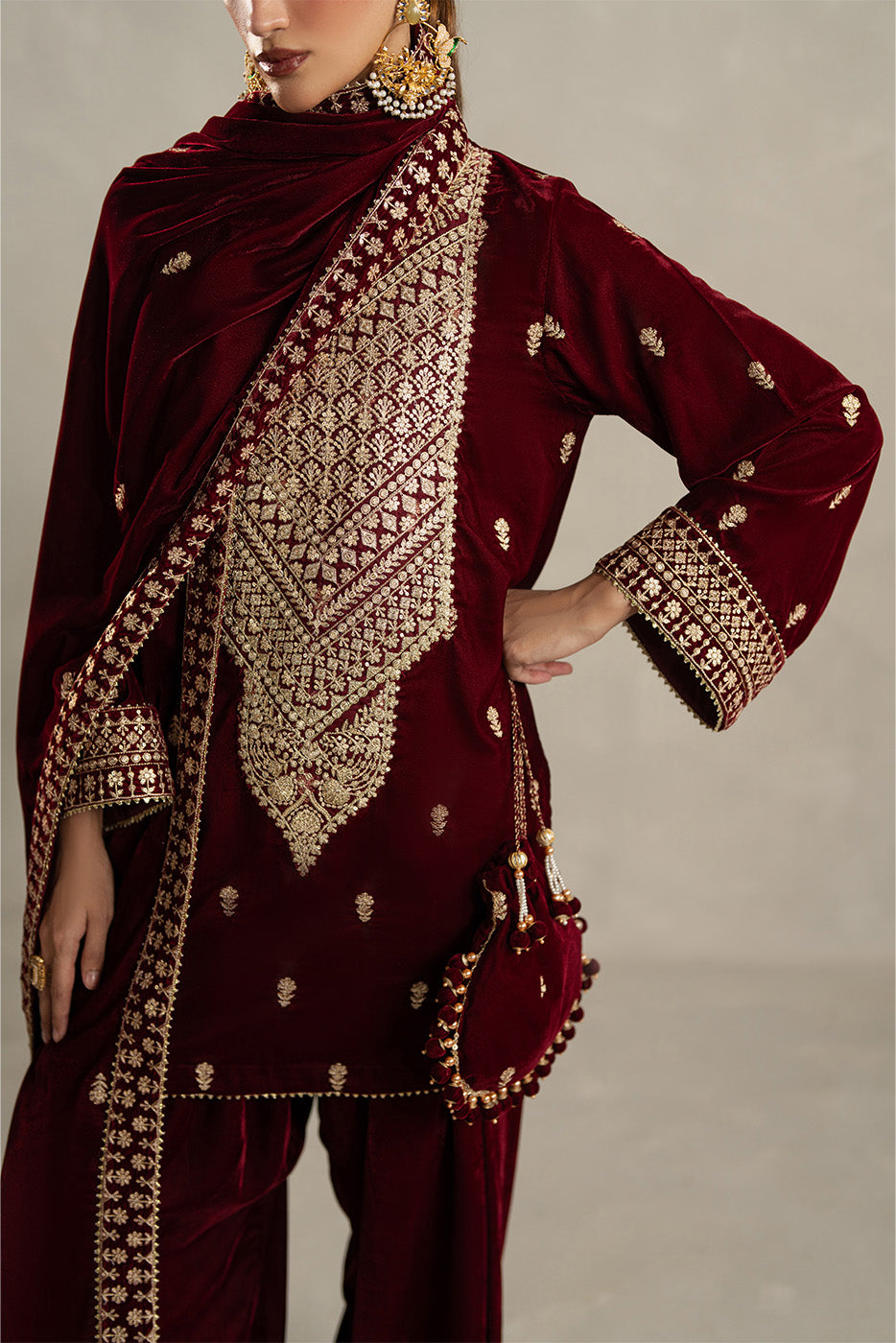 3 PIECE EMBROIDERED VELVET SUIT-GARNET BLISS (UNSTITCHED)