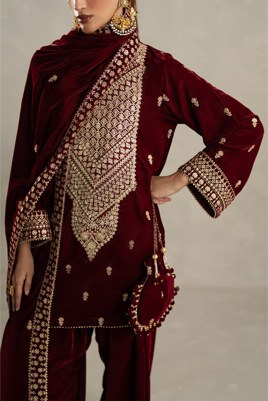 3 PIECE EMBROIDERED VELVET SUIT-GARNET BLISS (UNSTITCHED)