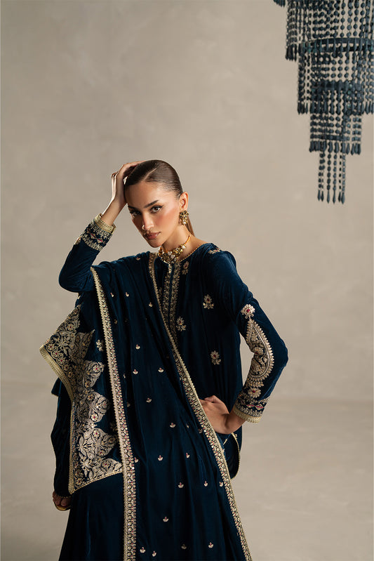 3 PIECE EMBROIDERED VELVET SUIT-AZURE SPELL (UNSTITCHED)