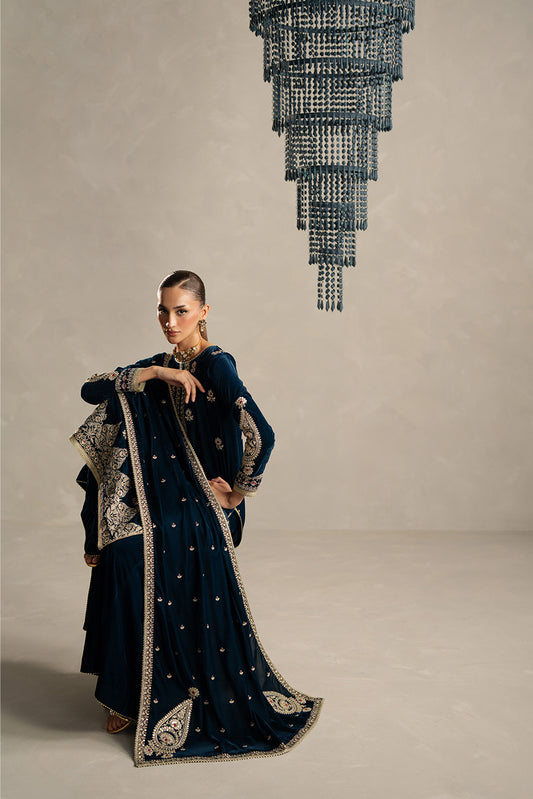 3 PIECE EMBROIDERED VELVET SUIT-AZURE SPELL (UNSTITCHED)