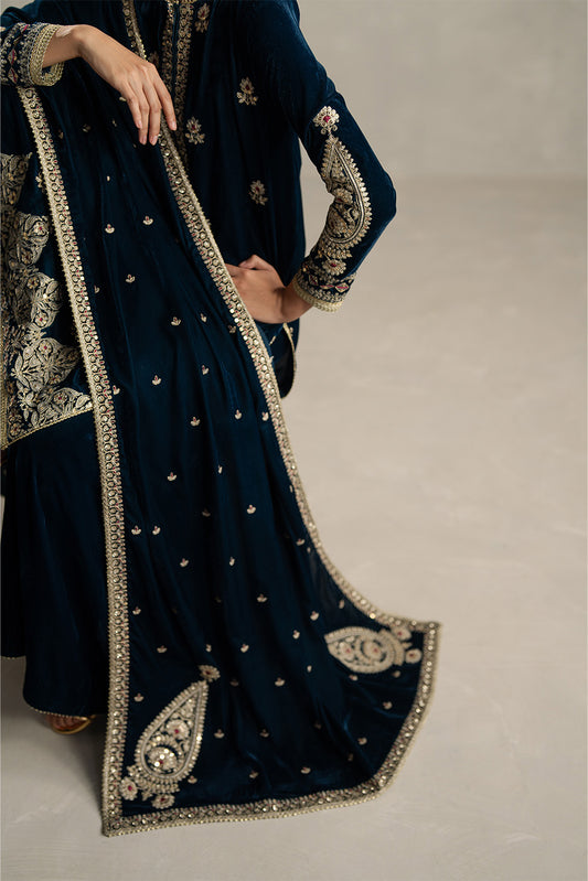 3 PIECE EMBROIDERED VELVET SUIT-AZURE SPELL (UNSTITCHED)