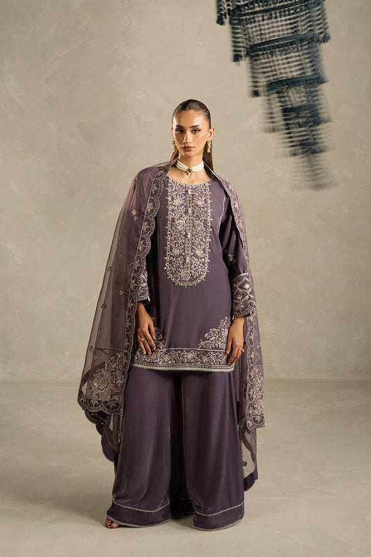 3 PIECE EMBROIDERED VELVET SUIT-HEATHER DUSK (UNSTITCHED)