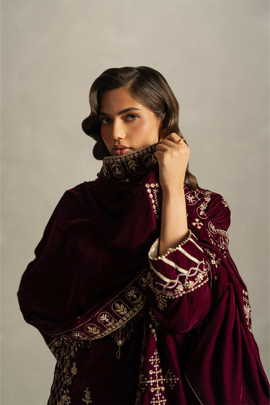 3 PIECE EMBROIDERED VELVET SUIT-BURGUNDY GLOW (UNSTITCHED)