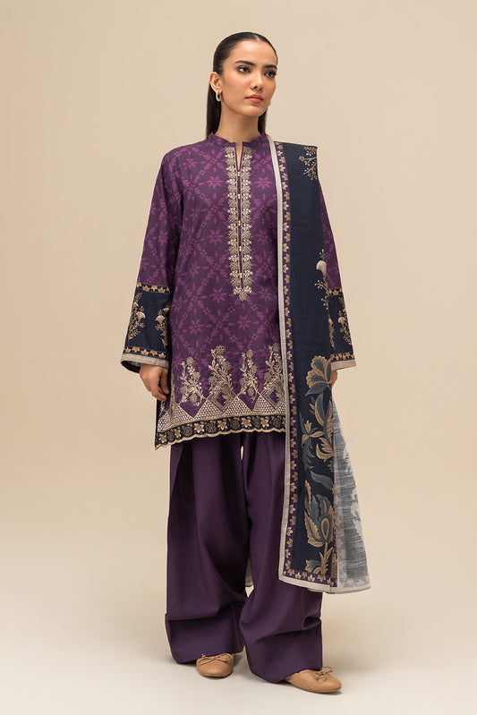 3 PIECE EMBROIDERED SLUB KHADDAR SUIT-DEEP AMETHYST (UNSTITCHED)