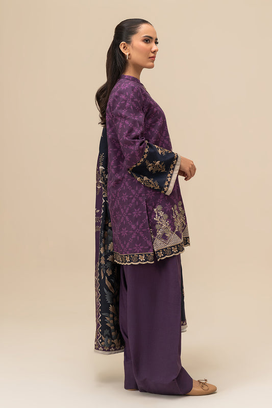 3 PIECE EMBROIDERED SLUB KHADDAR SUIT-DEEP AMETHYST (UNSTITCHED)