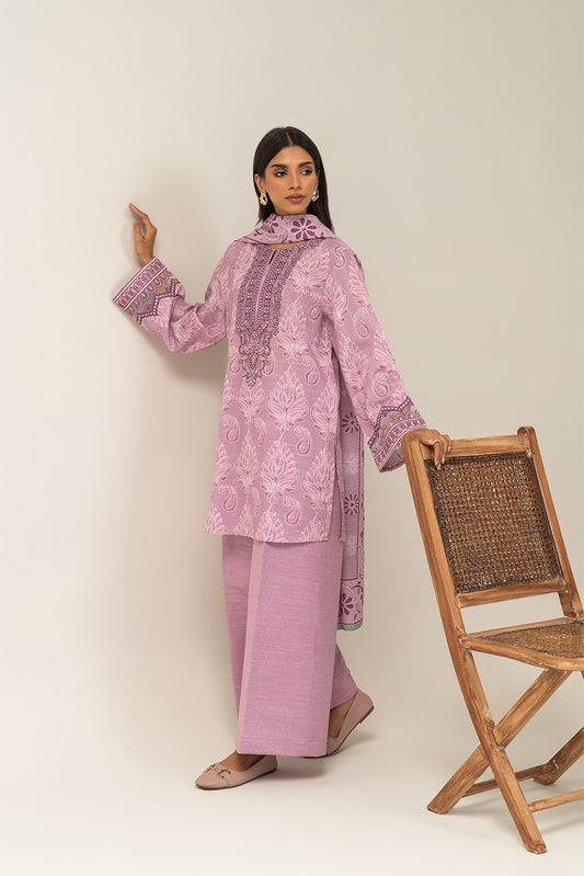 3 PIECE EMBROIDERED SLUB KHADDAR SUIT-LILAC ASH (UNSTITCHED)