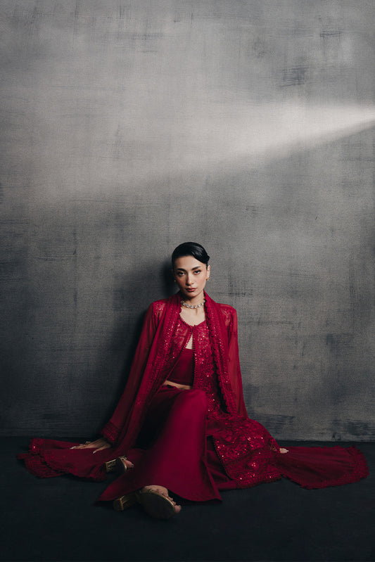 4 PIECE EMBROIDERED CHIFFON SUIT-CARMINE RED (UNSTITCHED)