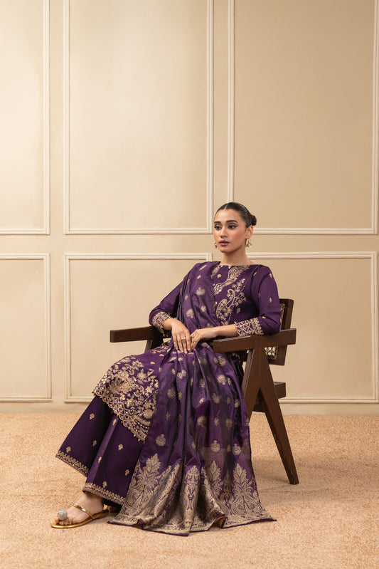 3 PIECE EMBROIDERED COTTON  RAW SILK SUIT-MOONLIT VIOLET (UNSTITCHED)