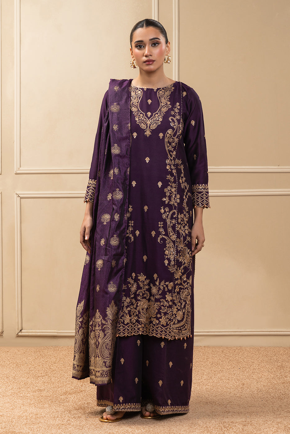 3 PIECE EMBROIDERED COTTON  RAW SILK SUIT-MOONLIT VIOLET (UNSTITCHED)