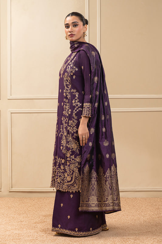 3 PIECE EMBROIDERED COTTON  RAW SILK SUIT-MOONLIT VIOLET (UNSTITCHED)