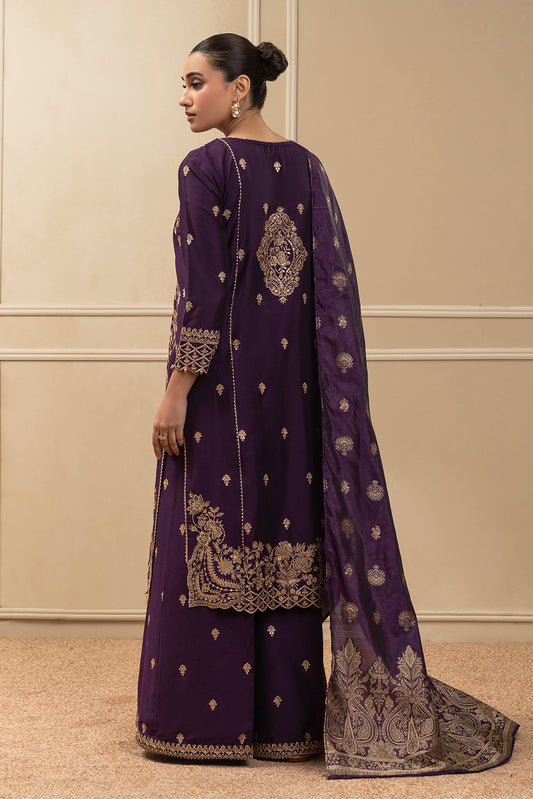 3 PIECE EMBROIDERED COTTON  RAW SILK SUIT-MOONLIT VIOLET (UNSTITCHED)