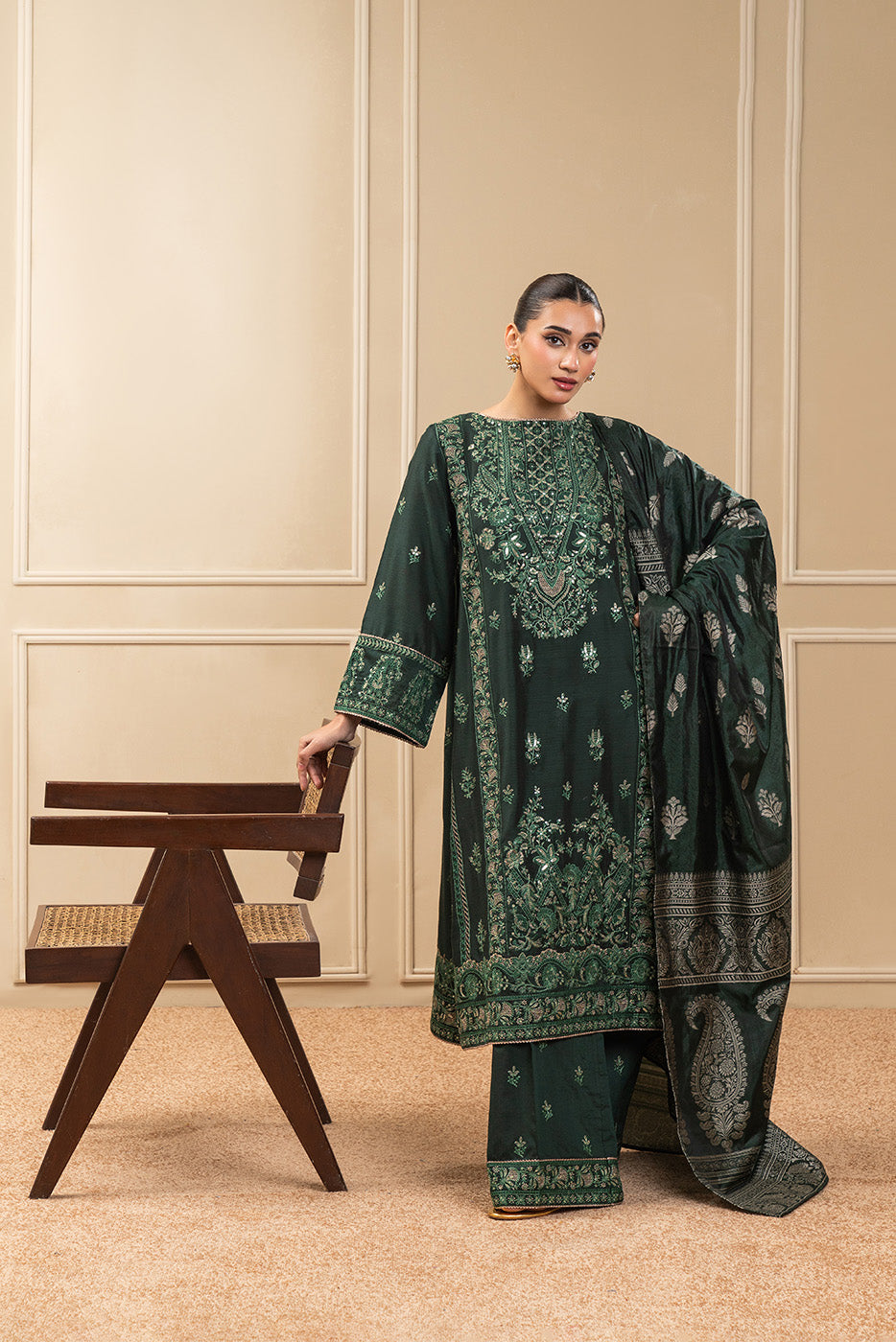 3 PIECE EMBROIDERED COTTON  RAW SILK SUIT-TWILIGHT EMERALD (UNSTITCHED)