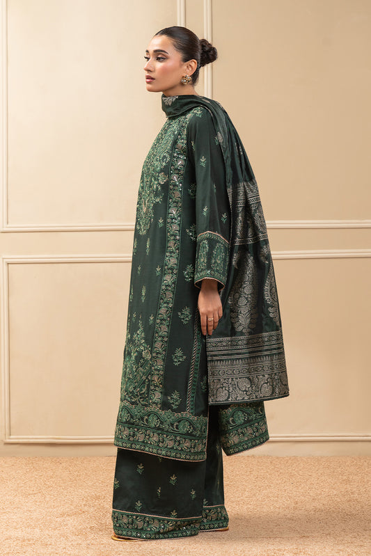 3 PIECE EMBROIDERED COTTON  RAW SILK SUIT-TWILIGHT EMERALD (UNSTITCHED)