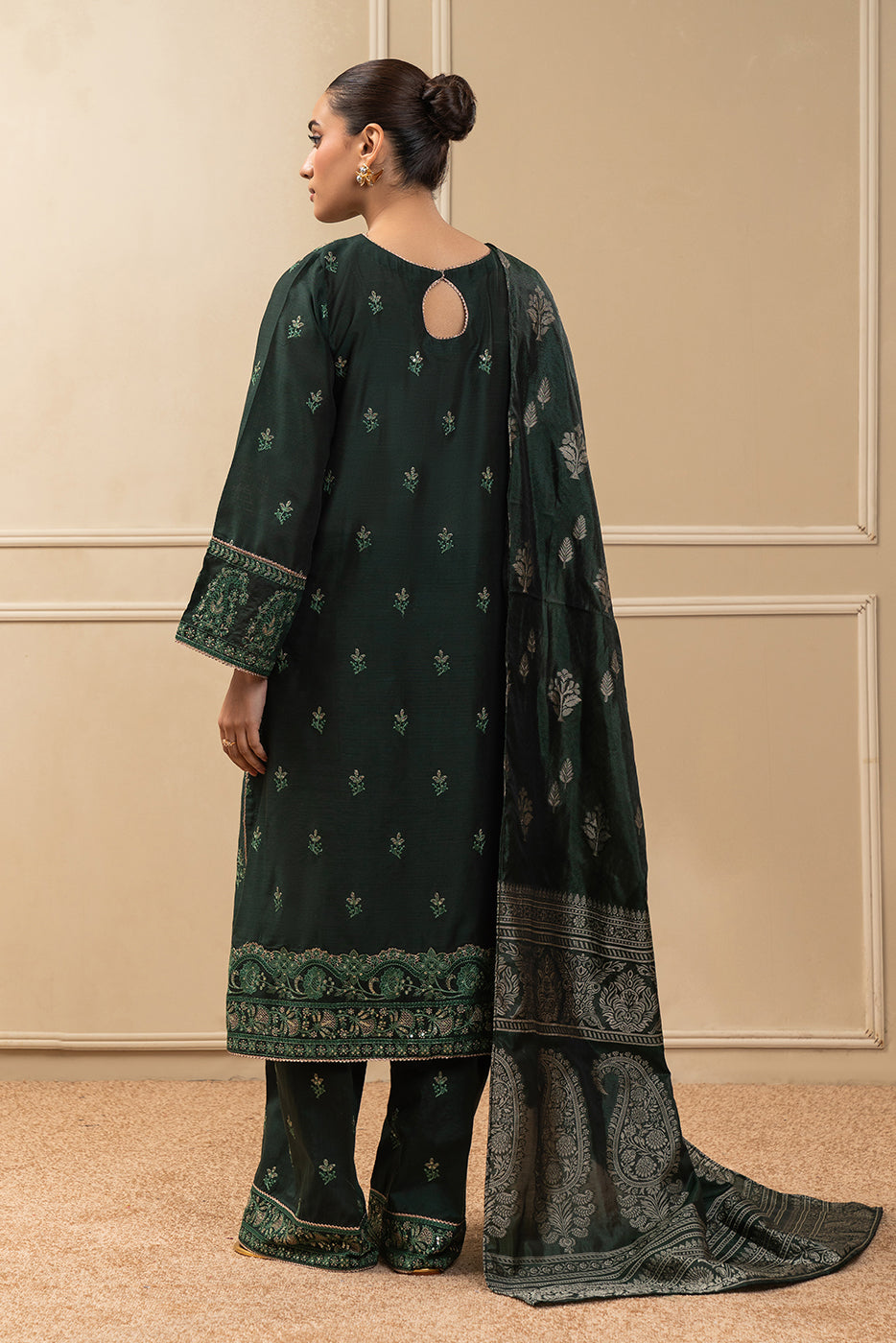 3 PIECE EMBROIDERED COTTON  RAW SILK SUIT-TWILIGHT EMERALD (UNSTITCHED)