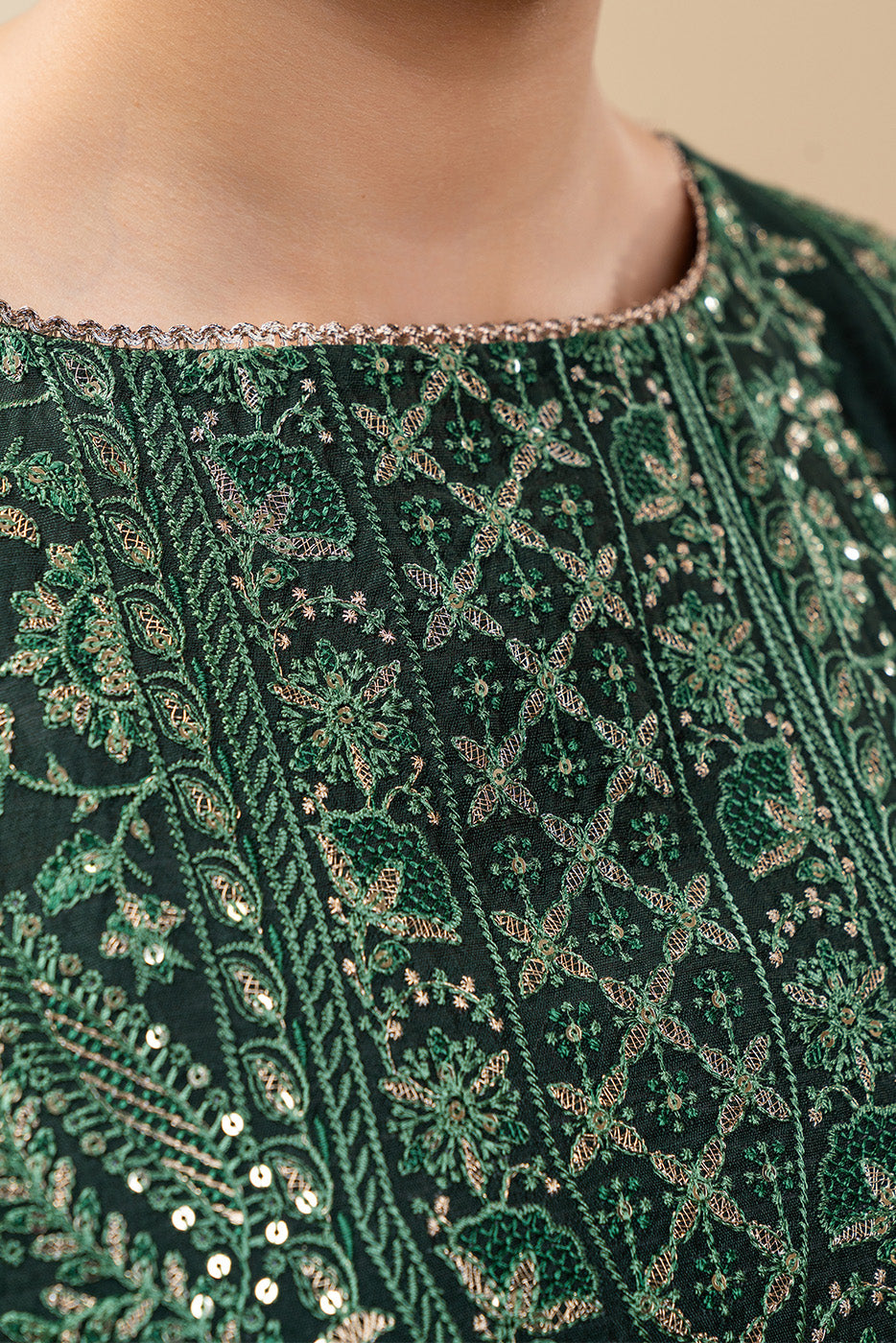 3 PIECE EMBROIDERED COTTON  RAW SILK SUIT-TWILIGHT EMERALD (UNSTITCHED)