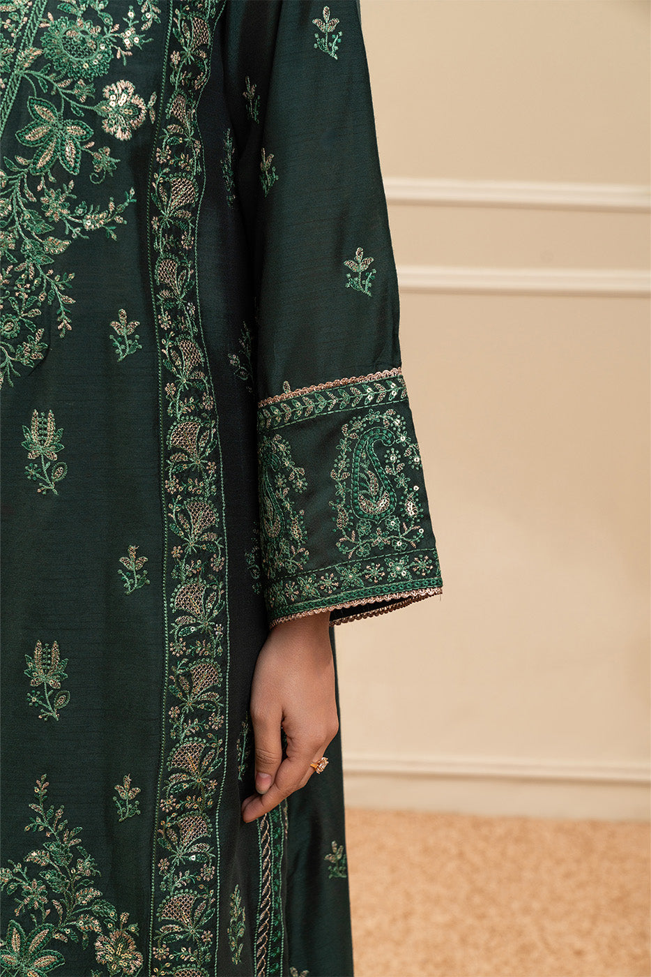 3 PIECE EMBROIDERED COTTON  RAW SILK SUIT-TWILIGHT EMERALD (UNSTITCHED)