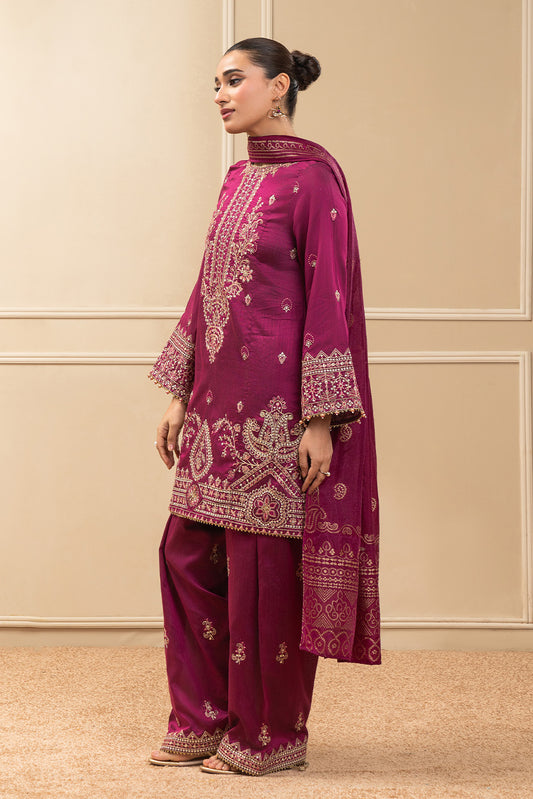 3 PIECE EMBROIDERED COTTON  RAW SILK SUIT-PLUM LUXE (UNSTITCHED)