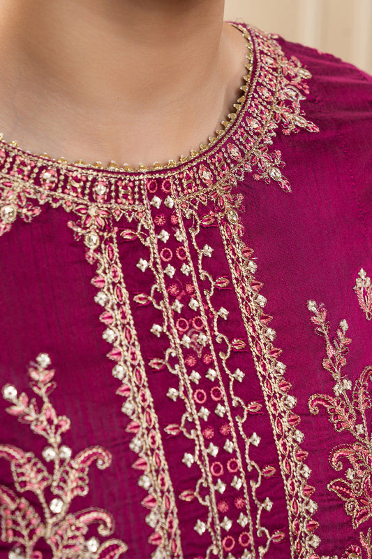 3 PIECE EMBROIDERED COTTON  RAW SILK SUIT-PLUM LUXE (UNSTITCHED)