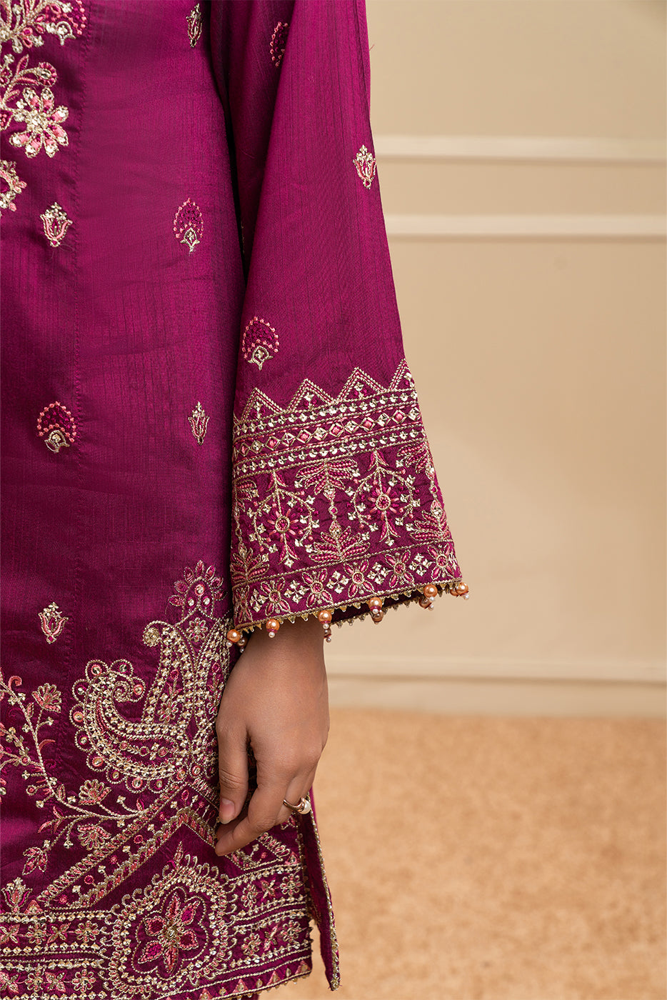 3 PIECE EMBROIDERED COTTON  RAW SILK SUIT-PLUM LUXE (UNSTITCHED)
