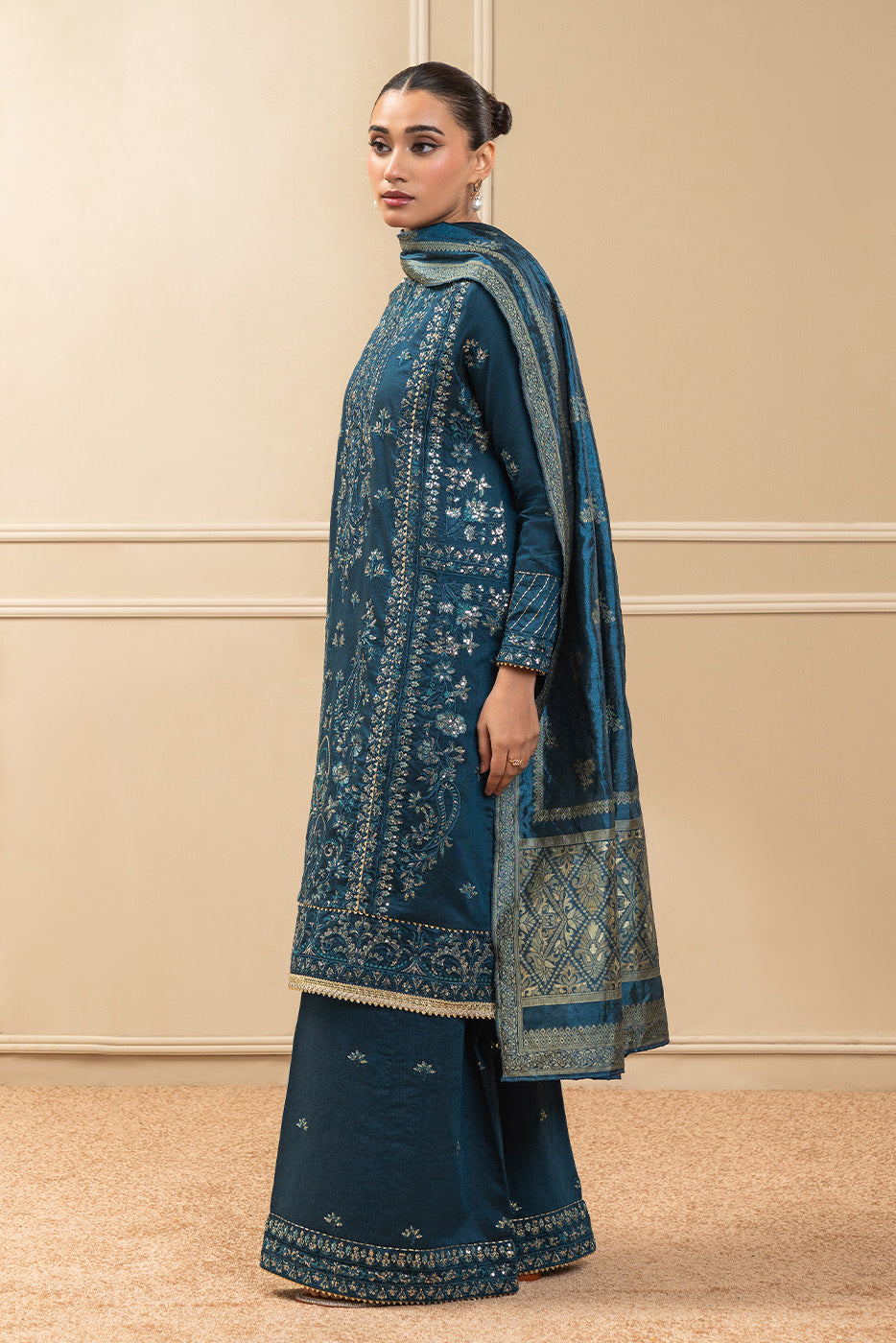 3 PIECE EMBROIDERED COTTON  RAW SILK SUIT-STARLIT SAPPHIRE (UNSTITCHED)