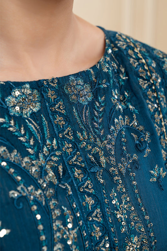 3 PIECE EMBROIDERED COTTON  RAW SILK SUIT-STARLIT SAPPHIRE (UNSTITCHED)
