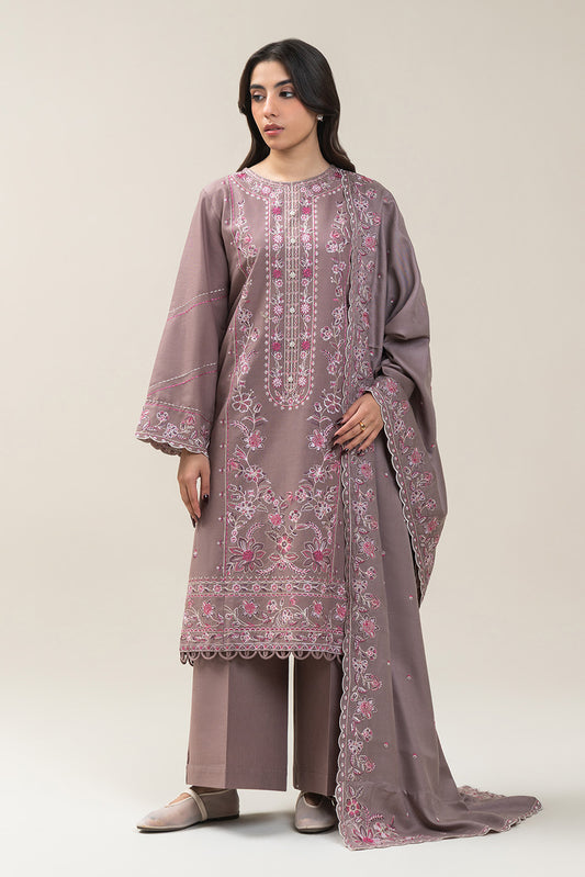 3 PIECE EMBROIDERED SLUB KHADDAR SUIT-ASH BROWN SUIT