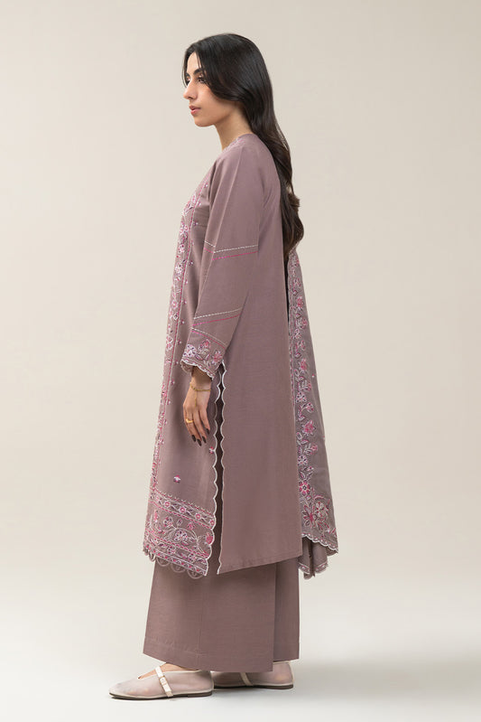3 PIECE EMBROIDERED SLUB KHADDAR SUIT-ASH BROWN SUIT