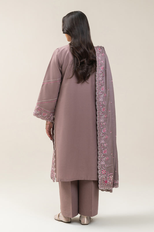 3 PIECE EMBROIDERED SLUB KHADDAR SUIT-ASH BROWN SUIT