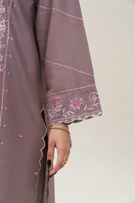 3 PIECE EMBROIDERED SLUB KHADDAR SUIT-ASH BROWN SUIT