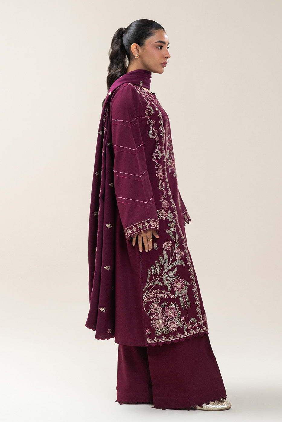 3 PIECE EMBROIDERED SLUB KHADDAR SUIT-CHERRY SORBET