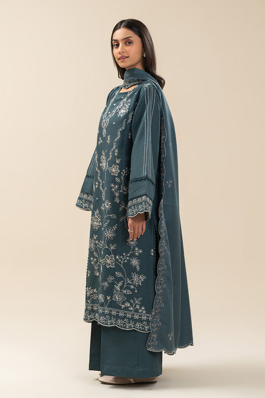 3 PIECE EMBROIDERED SLUB KHADDAR SUIT-MYSTIC AZURE (UNSTITCHED)