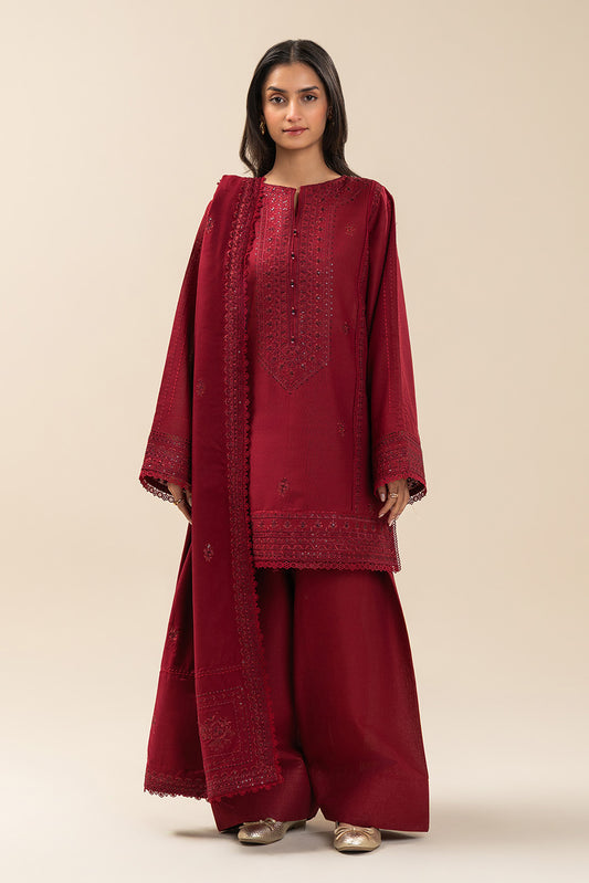 3 PIECE EMBROIDERED SLUB KHADDAR SUIT-GARNET GEM (UNSTITCHED)