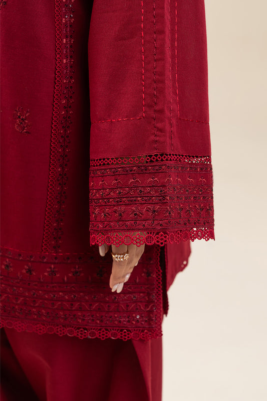 3 PIECE EMBROIDERED SLUB KHADDAR SUIT-GARNET GEM (UNSTITCHED)