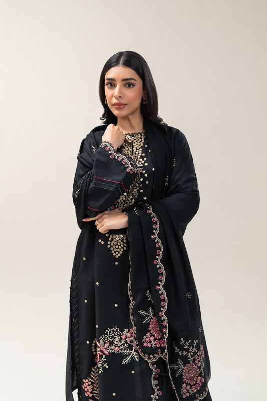 3 PIECE EMBROIDERED SLUB KHADDAR SUIT-SABLE GLAM (UNSTITCHED)