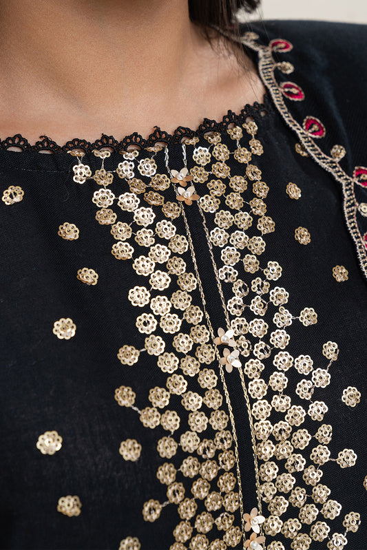 3 PIECE EMBROIDERED SLUB KHADDAR SUIT-SABLE GLAM (UNSTITCHED)