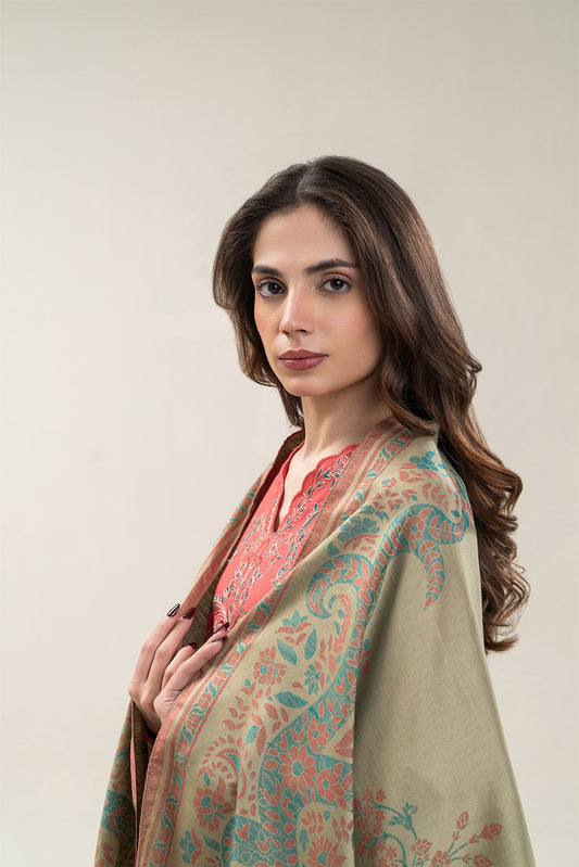 3 PIECE EMBROIDERED SLUB KHADDAR SUIT-CORAL NOIR (UNSTITCHED)