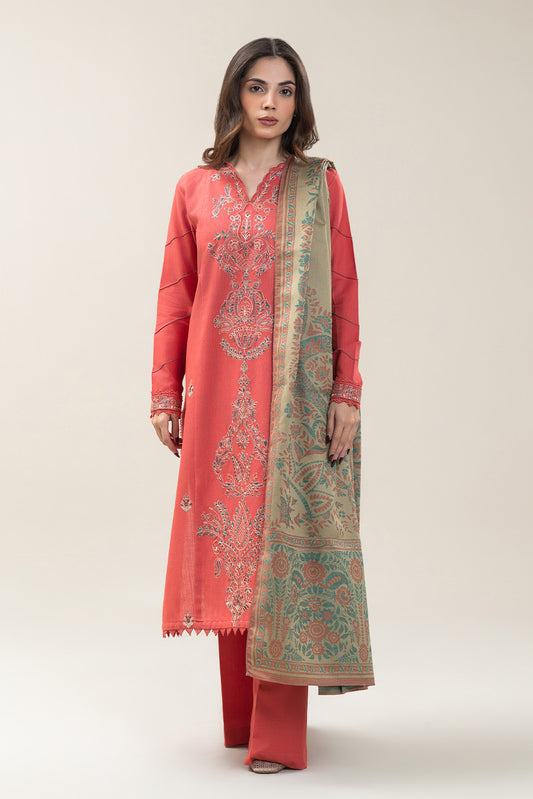 3 PIECE EMBROIDERED SLUB KHADDAR SUIT-CORAL NOIR (UNSTITCHED)